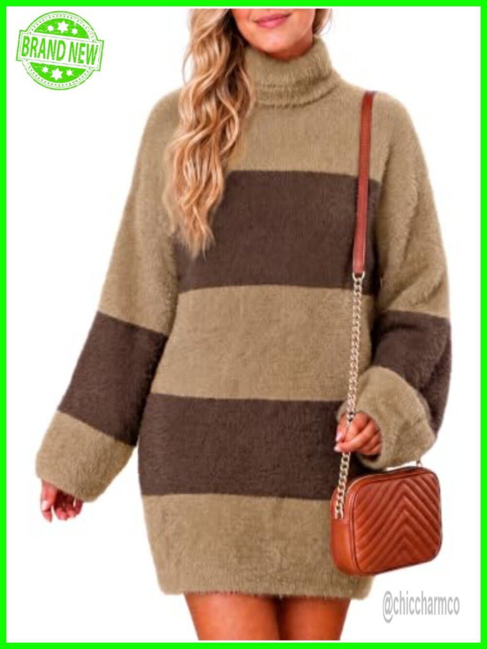 Oversized Striped Knit Sweater Dress Turtleneck Fall Chunky Pullover Mini